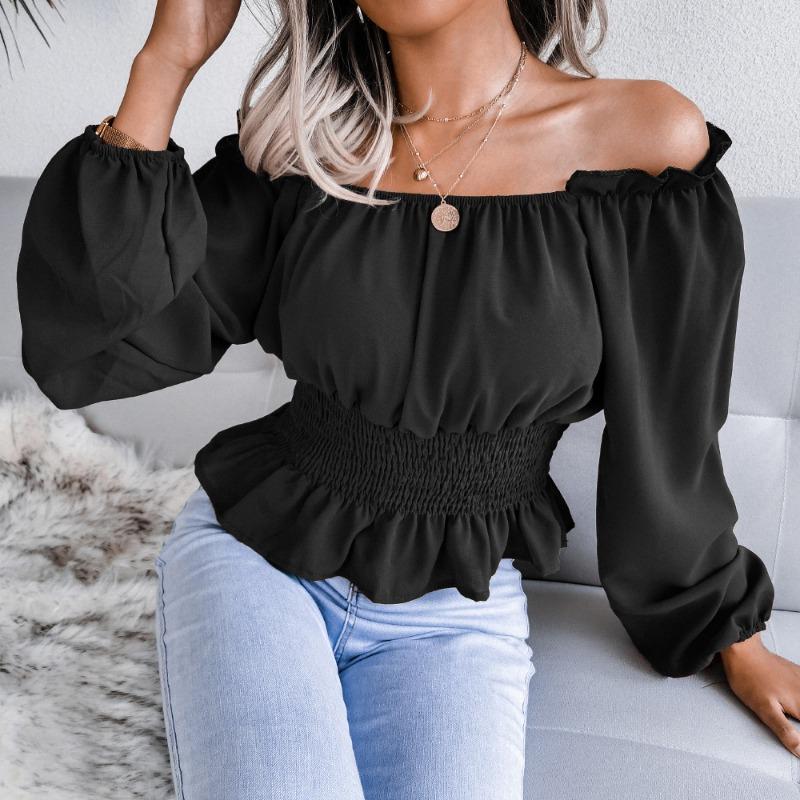 Fashion Elegant Off-shoulder Hem Ruffle Edge Blouse Women Slim Fit Pleated Solid Color Shirt Long Sleeve Casual Simple Short Top Sexy Women's Clothing