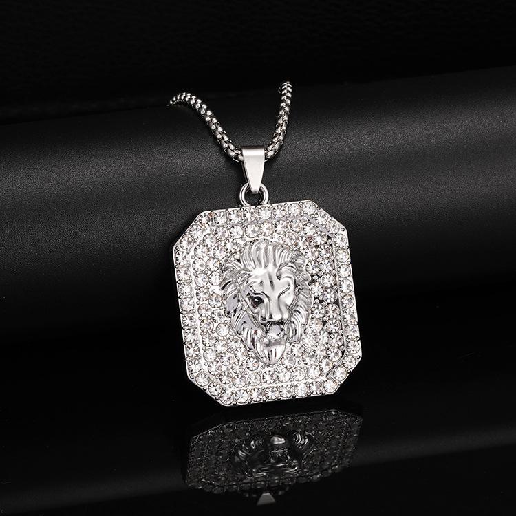 2025 Fashionable European & American Hip Hop Lion Head Necklace with Full Diamond Square Pendant