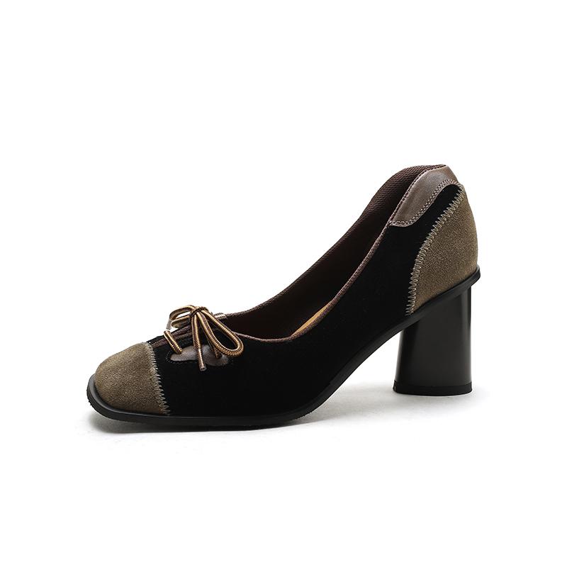 

2024 Новые женские туфли-лодочки в стиле ретро с бабочкой и узлом из замши и кожи с толстым каблуком, квадратный носок, офисные туфли для женщин, весна-осень 34 чёрный