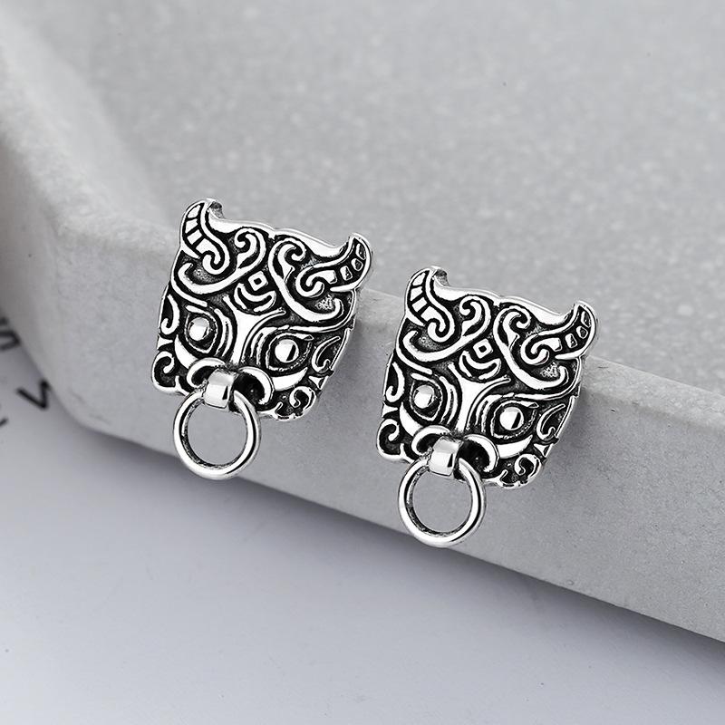 Thai Silver Qiuniu Stud Earrings For Men And Women, Ruffian Handsome Ethnic Style Earrings, Personality Domineering Retro Tremella Decoration