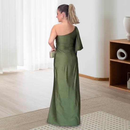 Abendkleid für Damen, eine Schulter, einzelne offene Ärmel, geteilter Saum, einfarbig, schmale Taille, plissiertes Knotendekor, Abschlussball, Cocktailparty, Maxikleid, Ballkleid