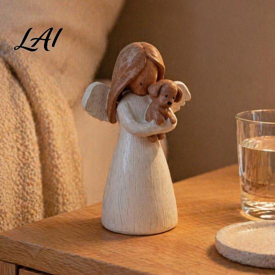 Nordic Style Angel Figurine Holding Puppy Figurine Cute Dog Resin Statue for Home Cozy Atmosphere Desktop Ornaments Desk Decor Handcrafted