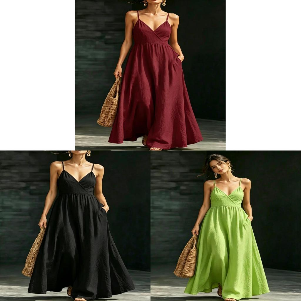 Polyester V Neck Sleeveless Dress With Pockets For Summer Casual And Beach Wear