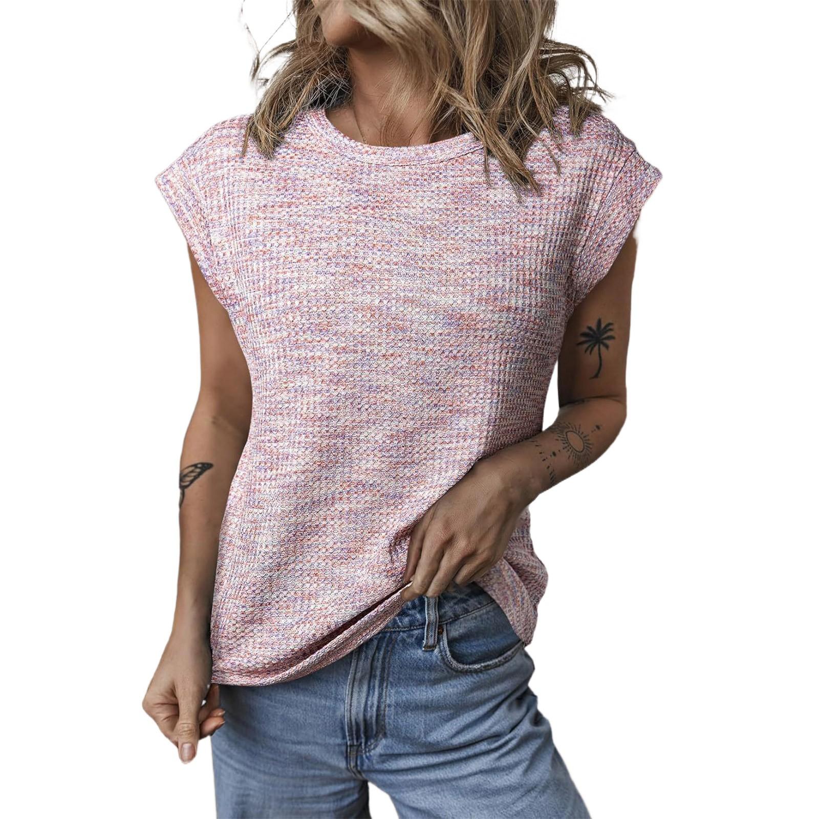 

Модний одноколірний вільний жіночий топ з короткими рукавами з круглим вирізом L