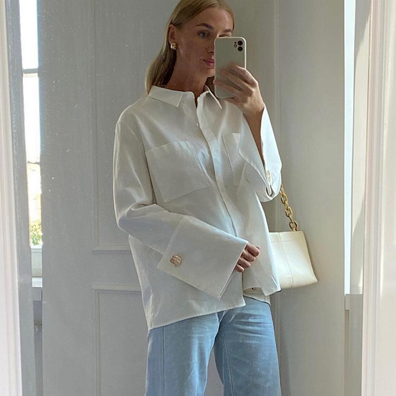 

Весенняя рубашка с длинным рукавом и двумя карманами, модный дизайн Sense Niche, белая рубашка, топ L белый