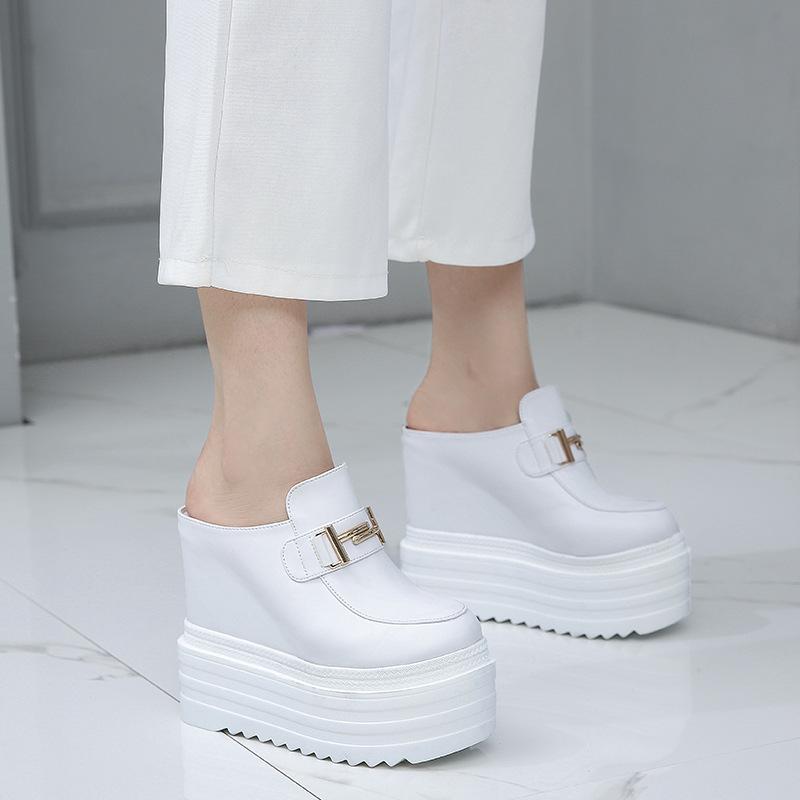 2025 New 13cm Fashion Inner Height Slope Heel Slippers Women's New Round Head Buckle Decorative Half Slippers ZYW-082-2