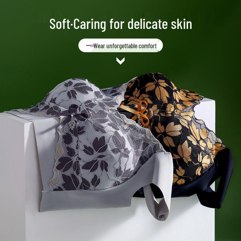 Plus Size Lace Seamless Wire-Free Bra: Side Support Anti-Sagging, Fixed Cups, Minimizing Effect for Large Busts