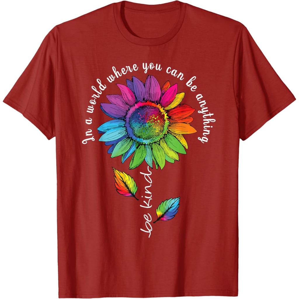 Rainbow Sunflower Be Kind Autism Awareness Graphic Tee Casual Cotton T-Shirt Unisex
