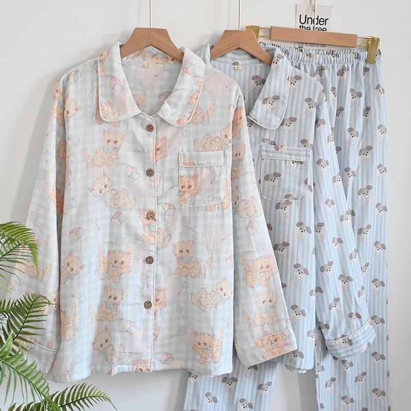 100% Cotton Gauze Pajamas Set Women Thin Breathable Long Sleeve Pants Loungewear