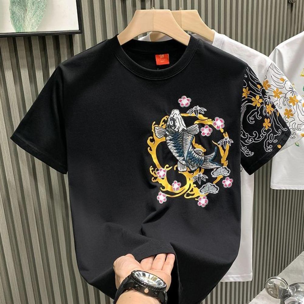 

Тонкая футболка с вышивкой карпов в китайском стиле, модная и высококлассная, с коротким рукавом XXXL чёрный