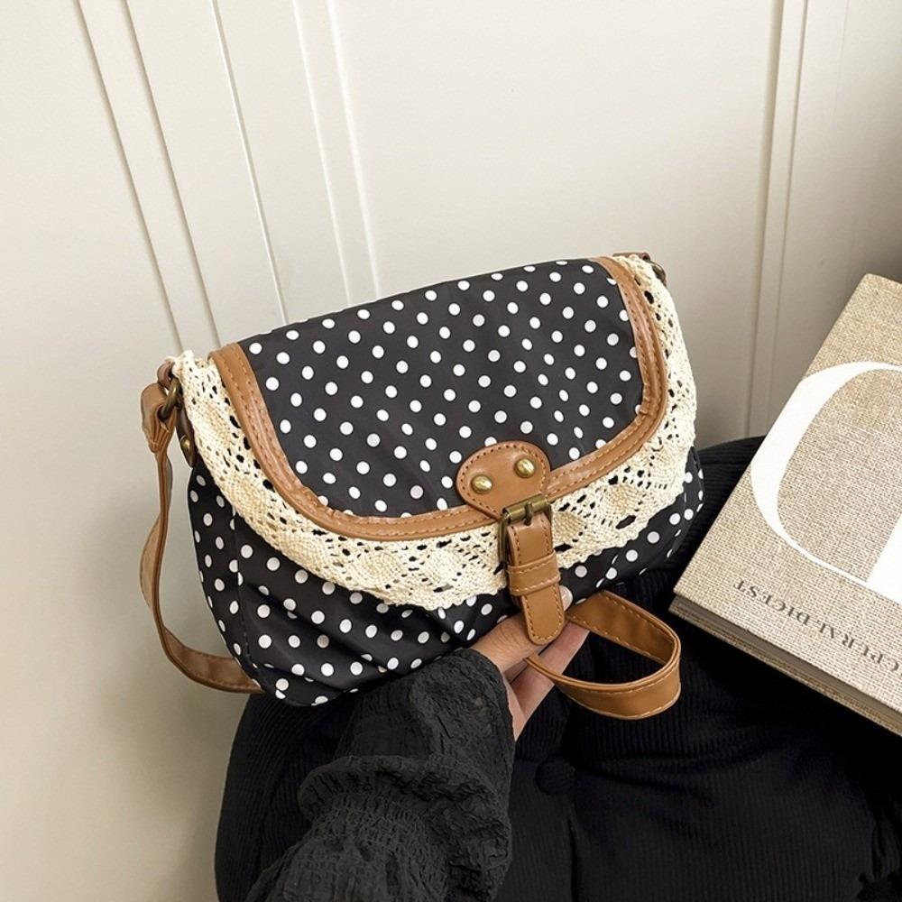 

Fashion Polka Dot Crossboby Bag Vintage Lace Trim Canvas Bag Canvas Casual One-Shoulder Bag for Women