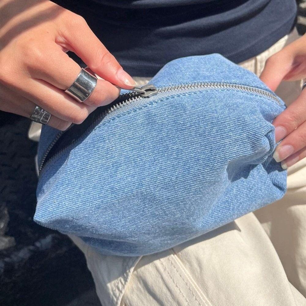 Korean Style Jean Cosmetic Bags Solid Color Stationery Storage Bag Student Pencil Bag for Women