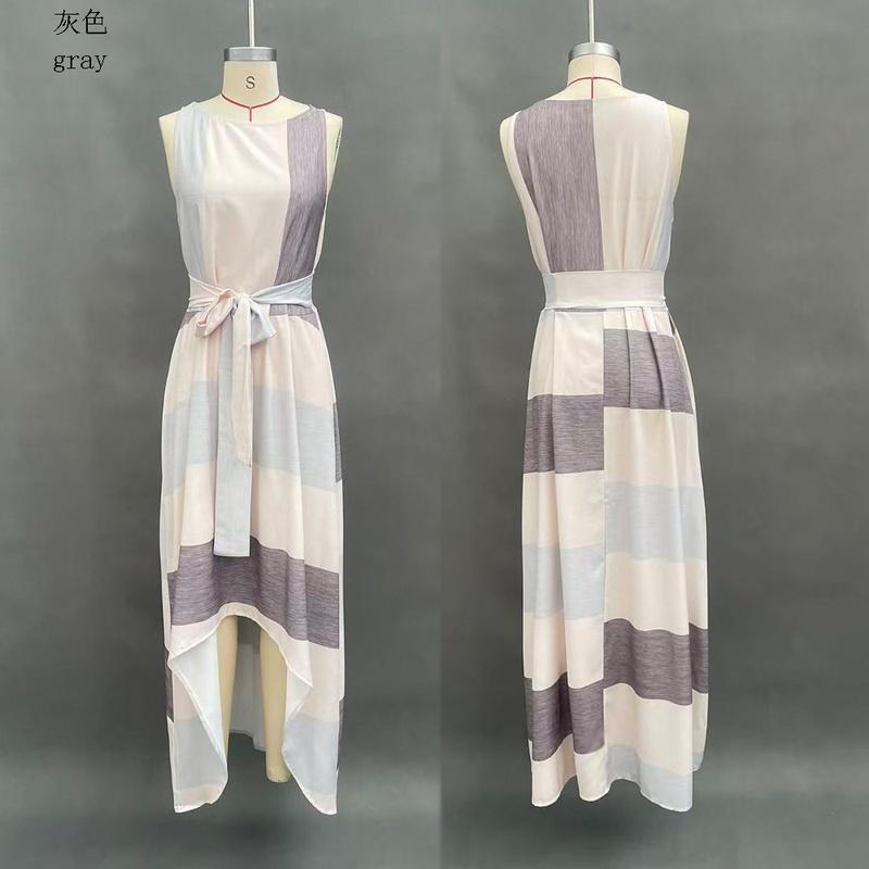 European Style Women Clothing Sleeveless Striped Fashion Maxi Dress Elegant Lace Up M