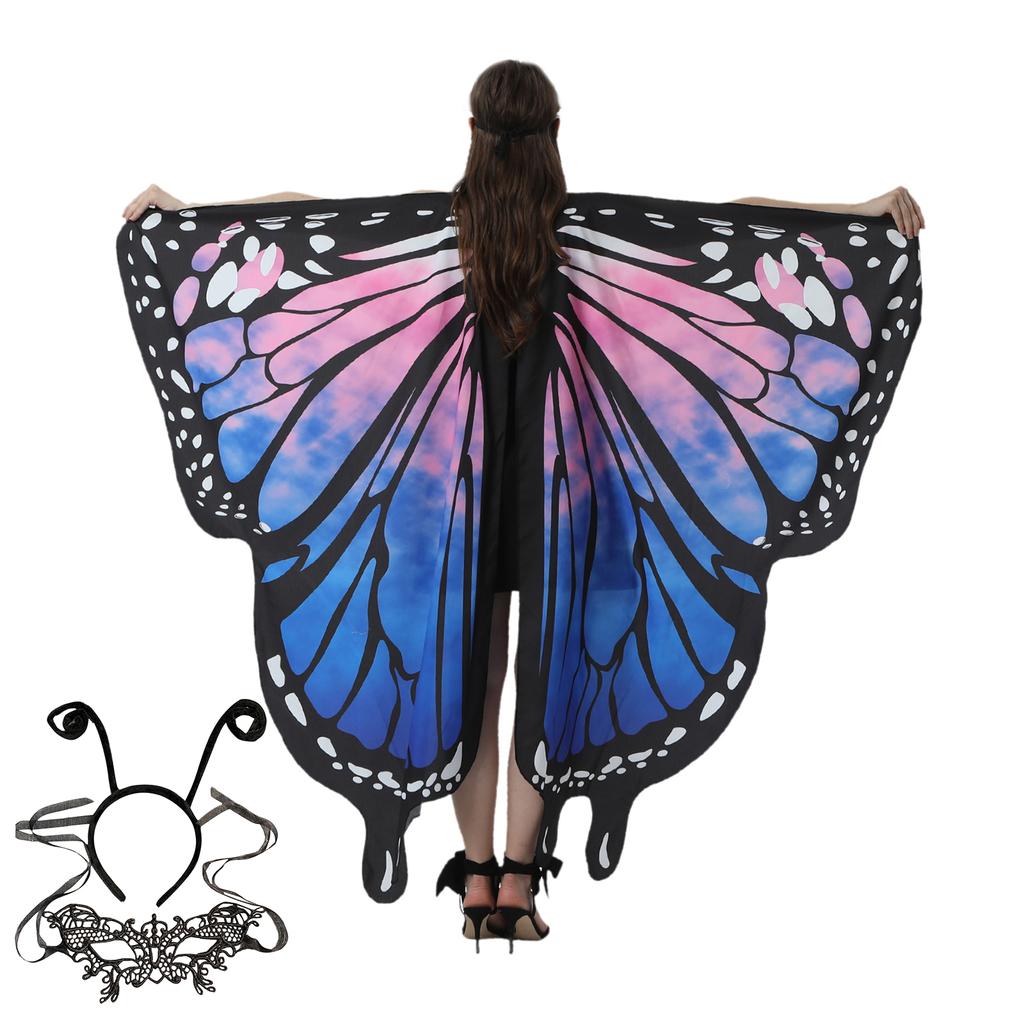 Halloween Costume for Adult Women Butterfly Wing Fairy Shawl with Antenna Headband Soft Lace Mask Cosplay Dress Up