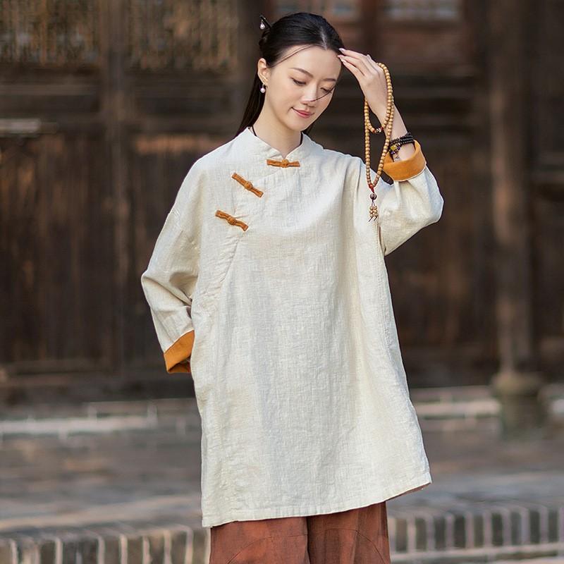 Johnature Women Vintage Shirts Tops Button Spring Chinese Style Solid Color Stand Long Sleeve Blouses