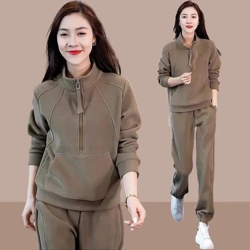 Casual Sweater Autumn and Winter Sports Suit Large Size Slimming Plus Velvet Thickening Solid Color All-match Two-piece Suit