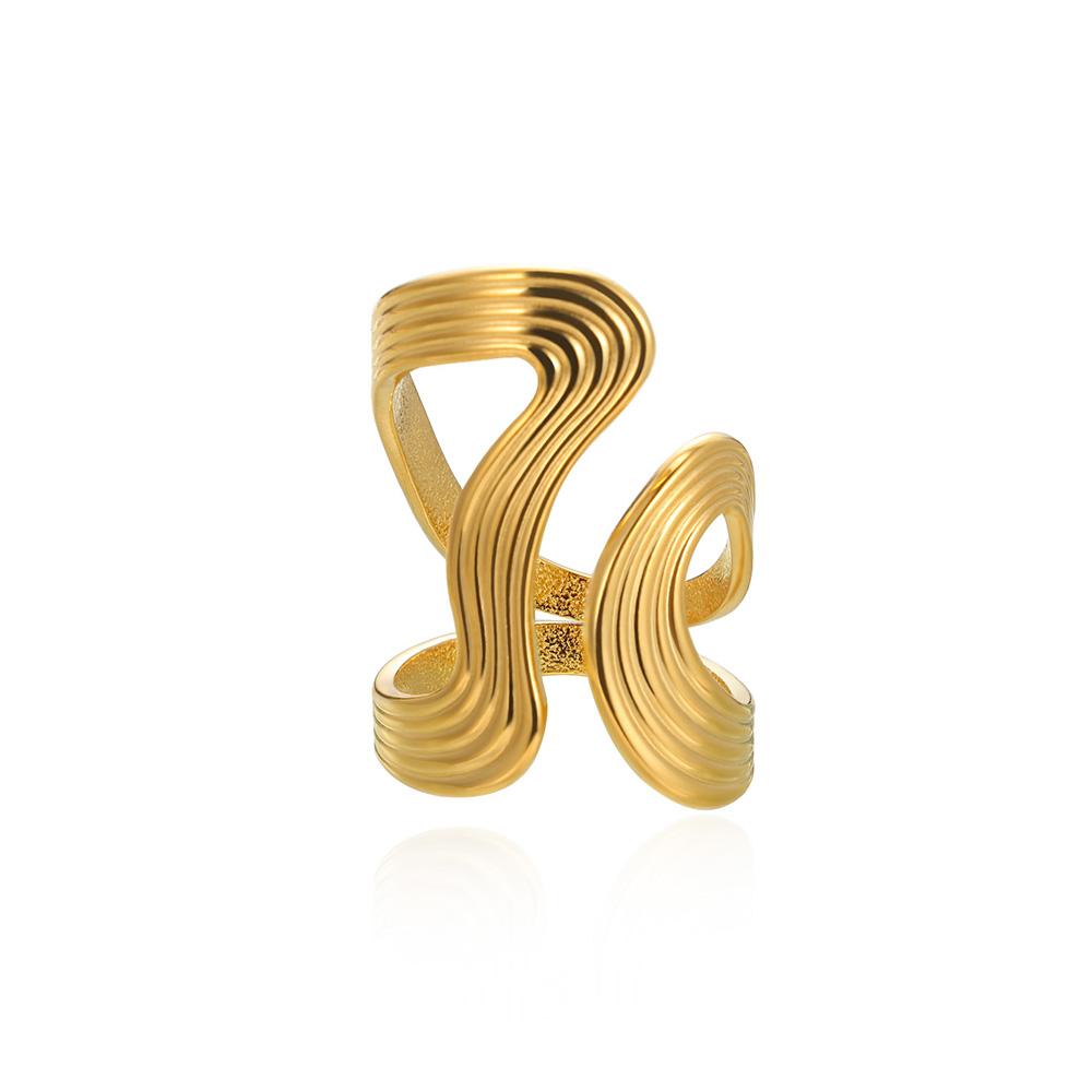 Stainless Steel Punk Irregular Wave Broad Surface Ring For Women Creative Gold Color Open Rings Waterproof Finger Jewelry Gifts