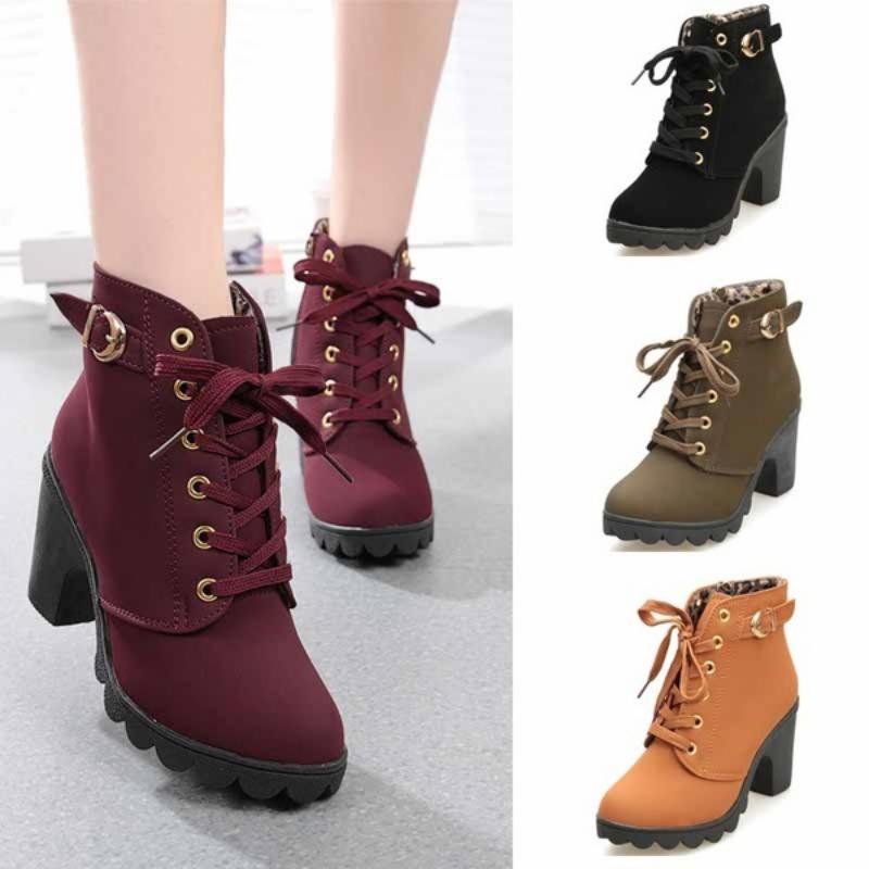 Botas de algodón de cuero Botas tacón alto Cordones hasta hebilla militar  Motocicleta Cowboy Botines comprar a buen precio — entrega gratuita,  reseñas reales con fotos — Joom