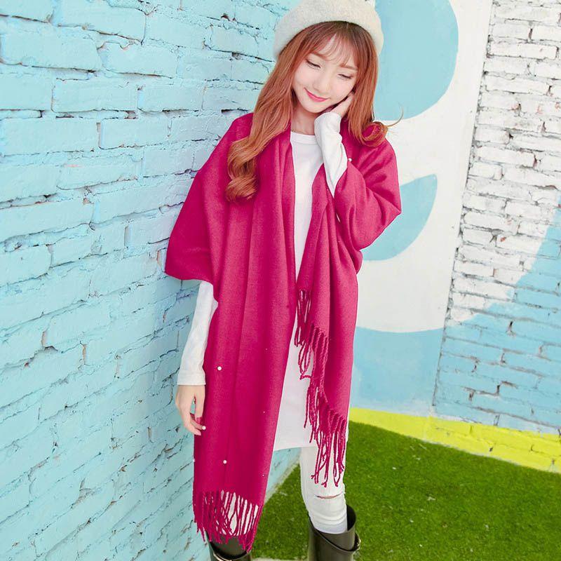 Women Elegant Knitted Solid Scarf With Pearls And Long Tassels For Winter Warmth