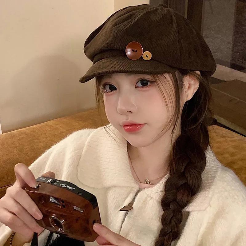Retro Button Corduroy Octagonal Cap For Women Painter Artist Hat Japanese Girls Brown Peaked Caps Autumn Winter Berets