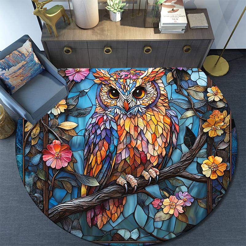 Owls and Flowers Round Area Rug,Carpet Rug for Living Room Bedroom Sofa Playroom Decor,Non-slip Floor Mat
