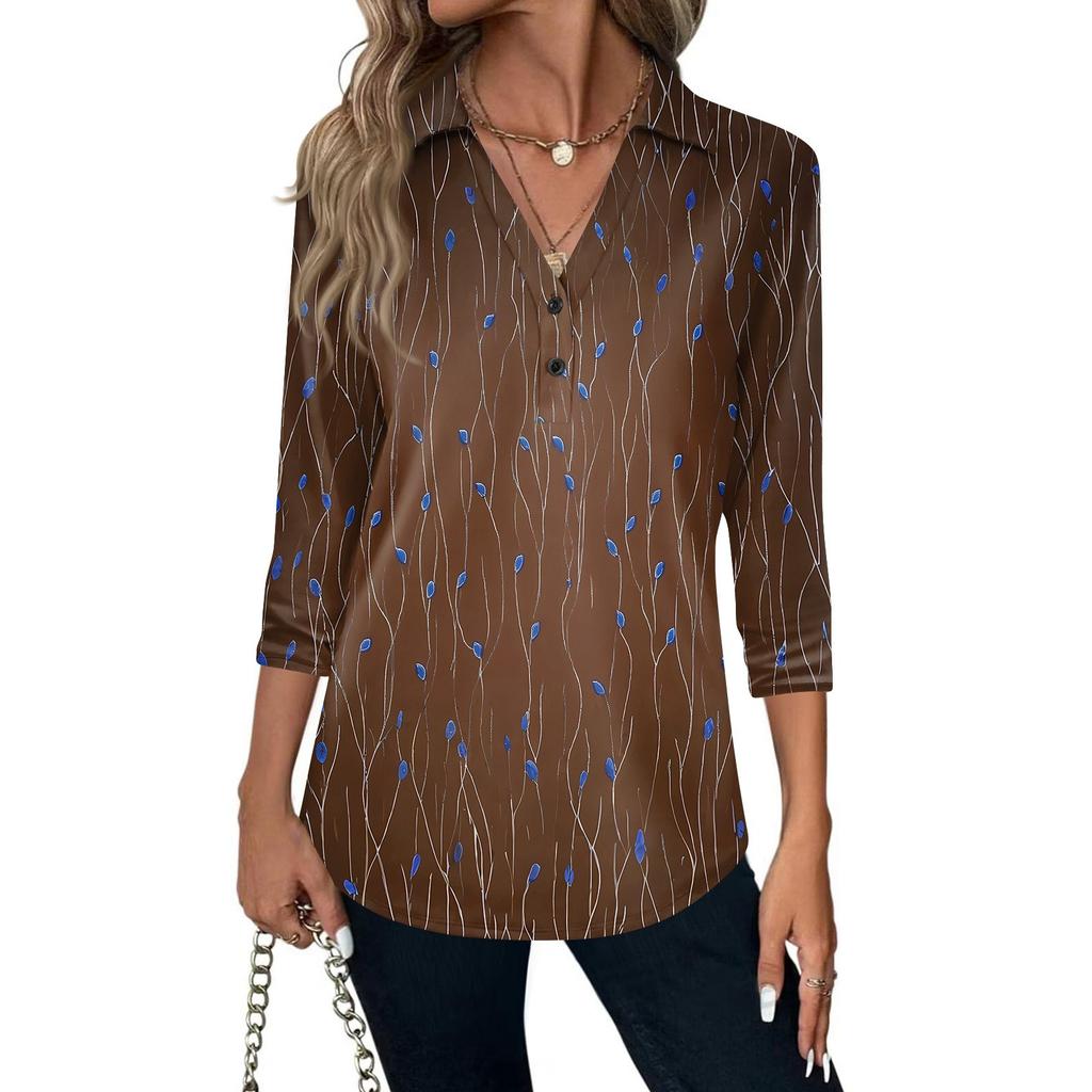 Women's Fashion Casual Lapel Short 3/4 Sleeve Print Shirt Women's V-Neck Button Tops