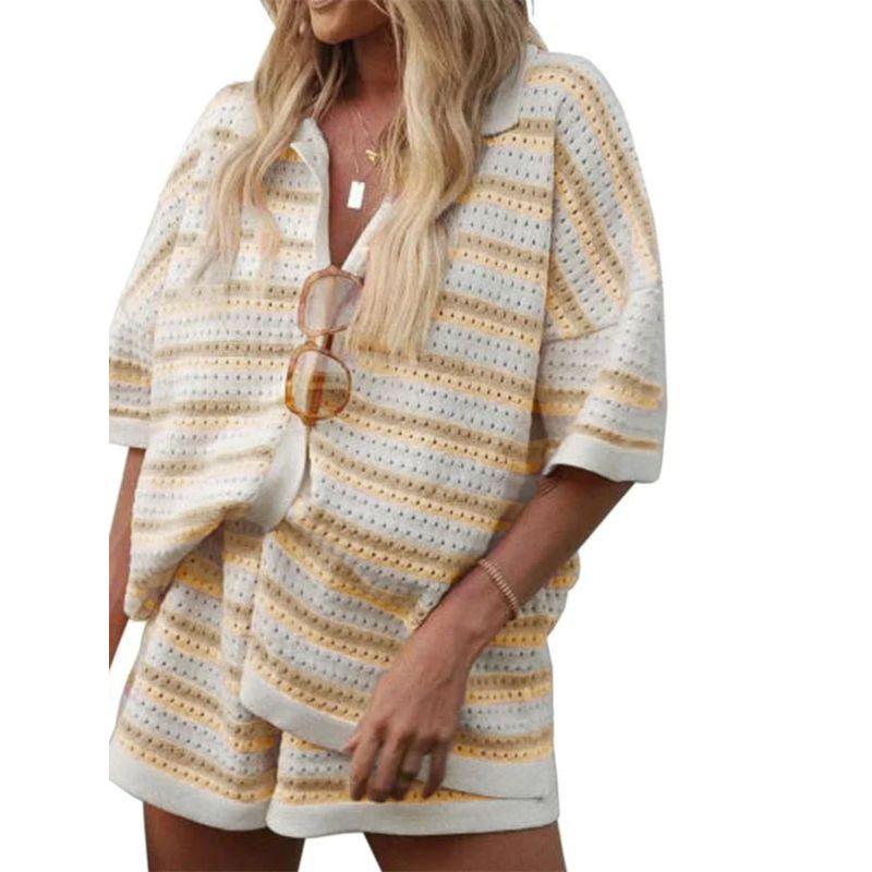 Striped Knit Collar Shirt Shorts Set Stripes Knitted Lapel Shirt Shorts Suit