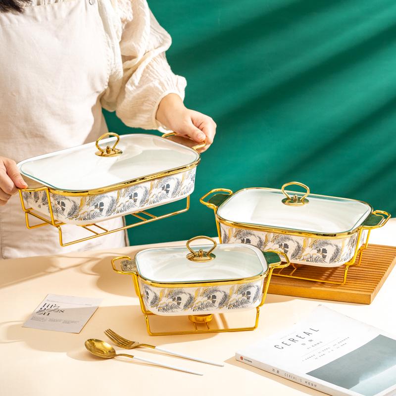 Luxury Ceramic Tableware Set: Rectangular Baking Pan, Casserole Stand, Candle-Heated Soup & Dry Pot