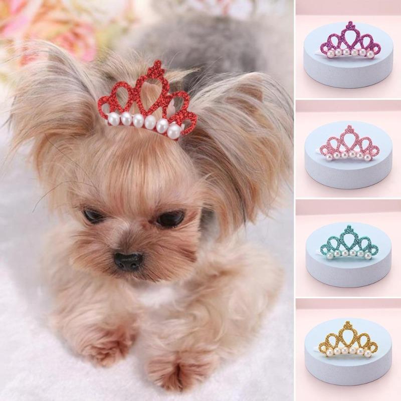 5Pcs Pet Small Dogs Cat Faux Pearl Crown Shape Bows Hair Clips Head Decoration for Pets Hairpins Decor Grooming Accessoires