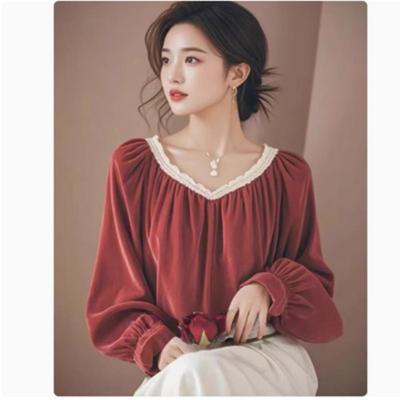 Ankola Red V-neck Bubble Sleeve Velvet Shirt Women's Autumn French Temperament Light Luxury Lace Splicing Top