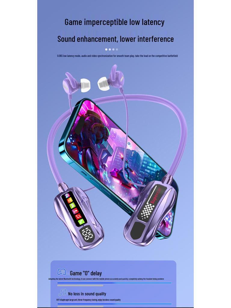 M101S Bluetooth Neckband Earphones with Long Battery, TF Card Support, Karaoke, and Back-In Ear Design.