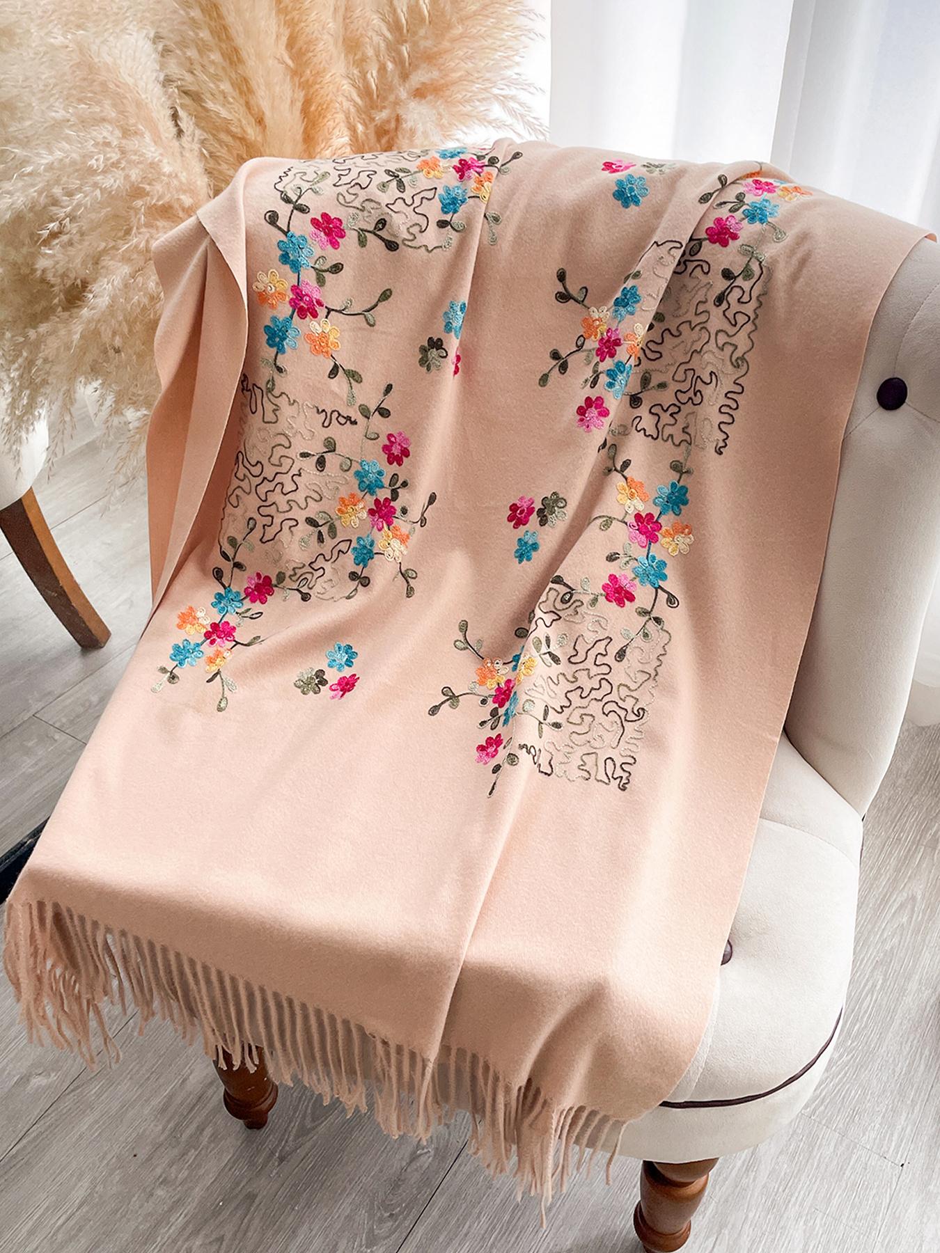 Women Winter Warm Faux Cashmere Scarf Long Winter Embroidered Floral Pattern Cold-Proof Shawls And Wraps