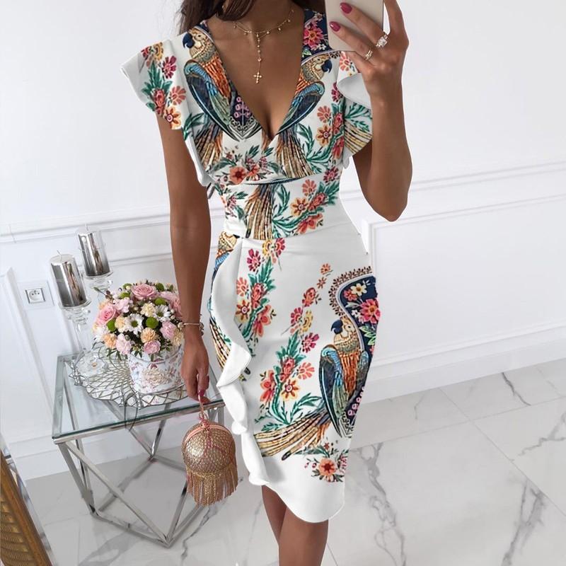 BITCED Damen Sommerkleider mit V-Ausschnitt, schmaler Taille, Kordelzug und Rüschen an der Hüfte