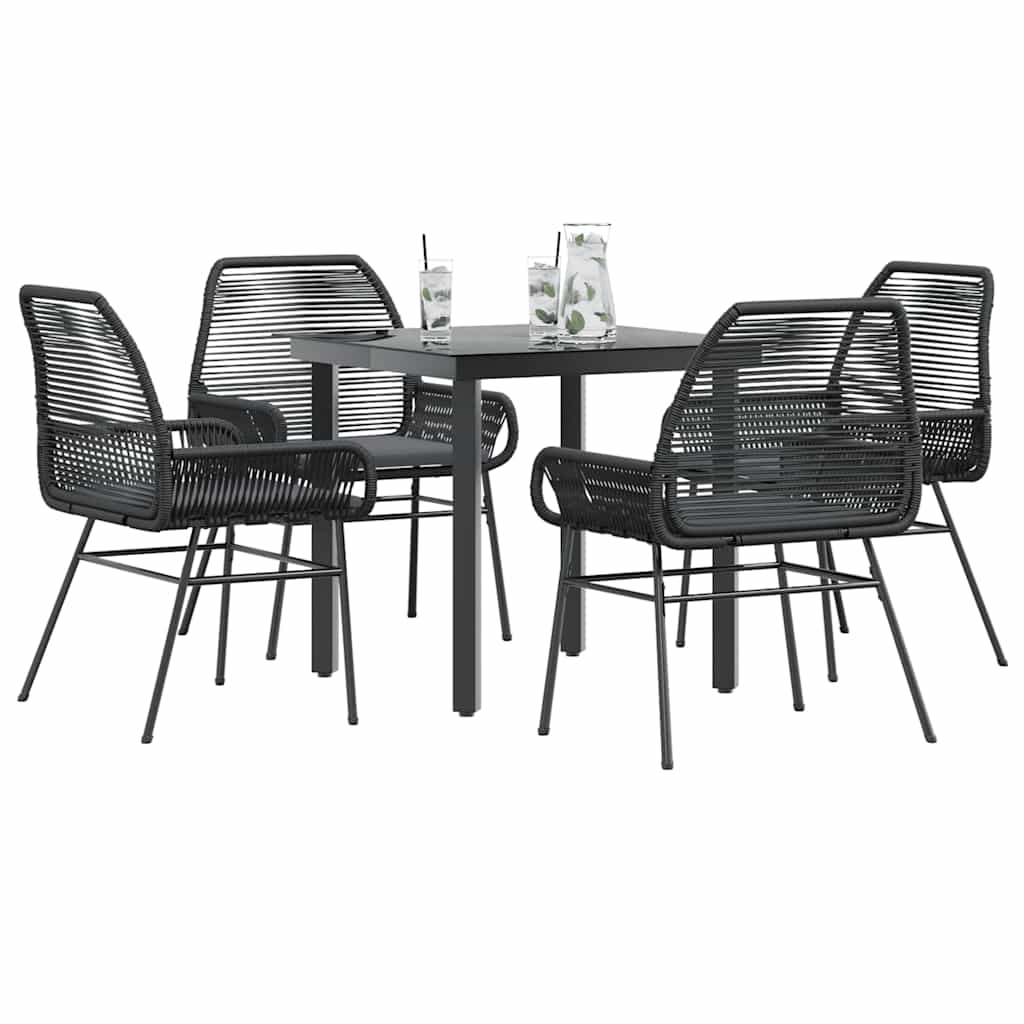 5 Piece Outdoor Dining Set with Cushions Black Poly Rattan Glass Table