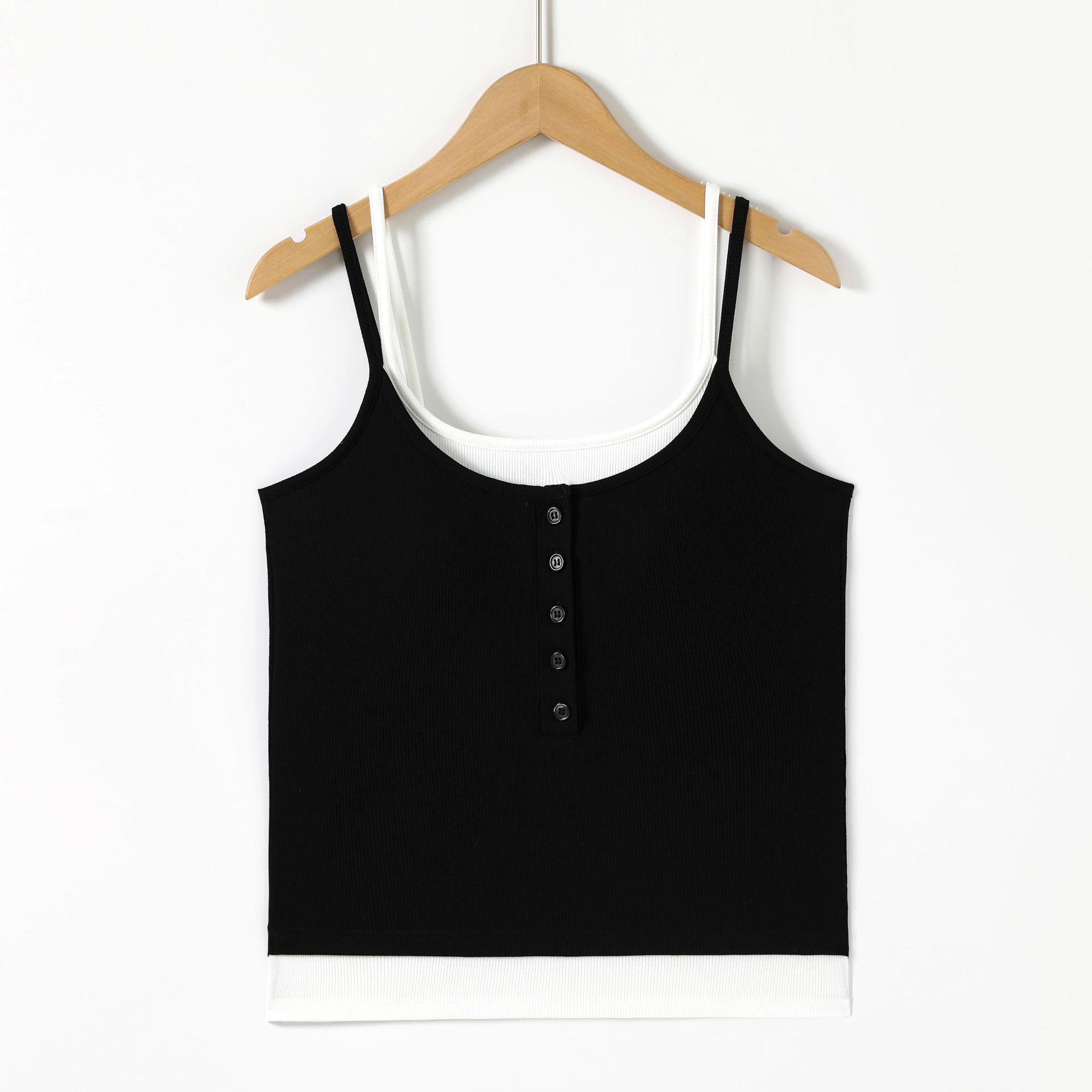Summer Color Block Ribbed Camisole with Built-in Bra, No Underwire - Versatile Slimming Casual Tank Top XL белый/чёрный