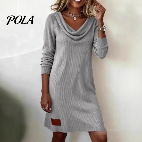 Wygodna codzienna sukienka dzianinowa z dekoltem typu cowl dla kobiet, z długim rękawem, prążkowana, elegancka, prosta, mini sukienka-sweter, na co dzień, jesienne, wiosenne stylizacje, do noszenia na imprezy, kobiety