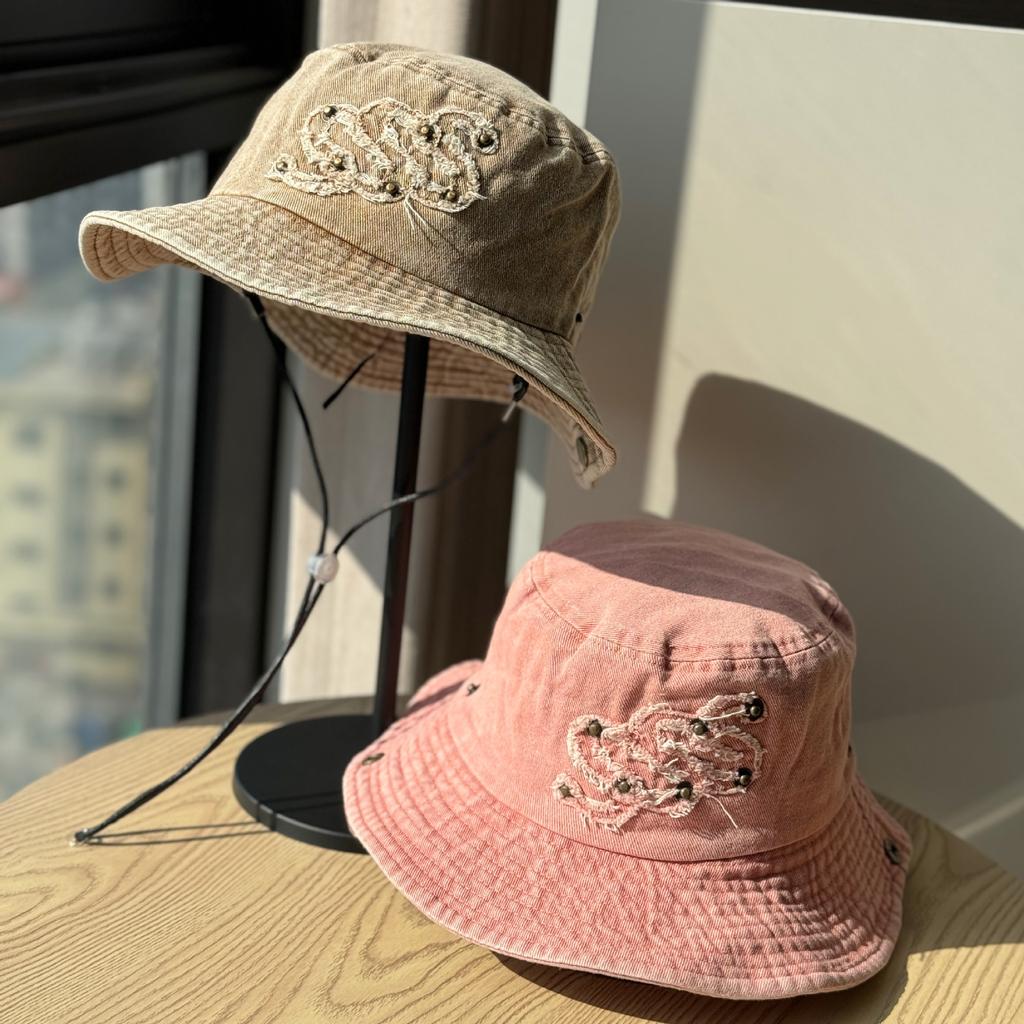 Vintage street style washed wide-brimmed sun protection embroidered fisherman hat for women, camping bucket hat, western cowboy hat