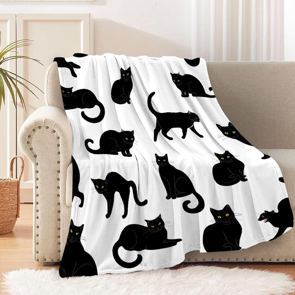 VIKAMA Minimalist Black Kitty Fleece Blanket for White Nordic Apartment Ins Style Bedroom Decor,Couch Cover Birthday Present