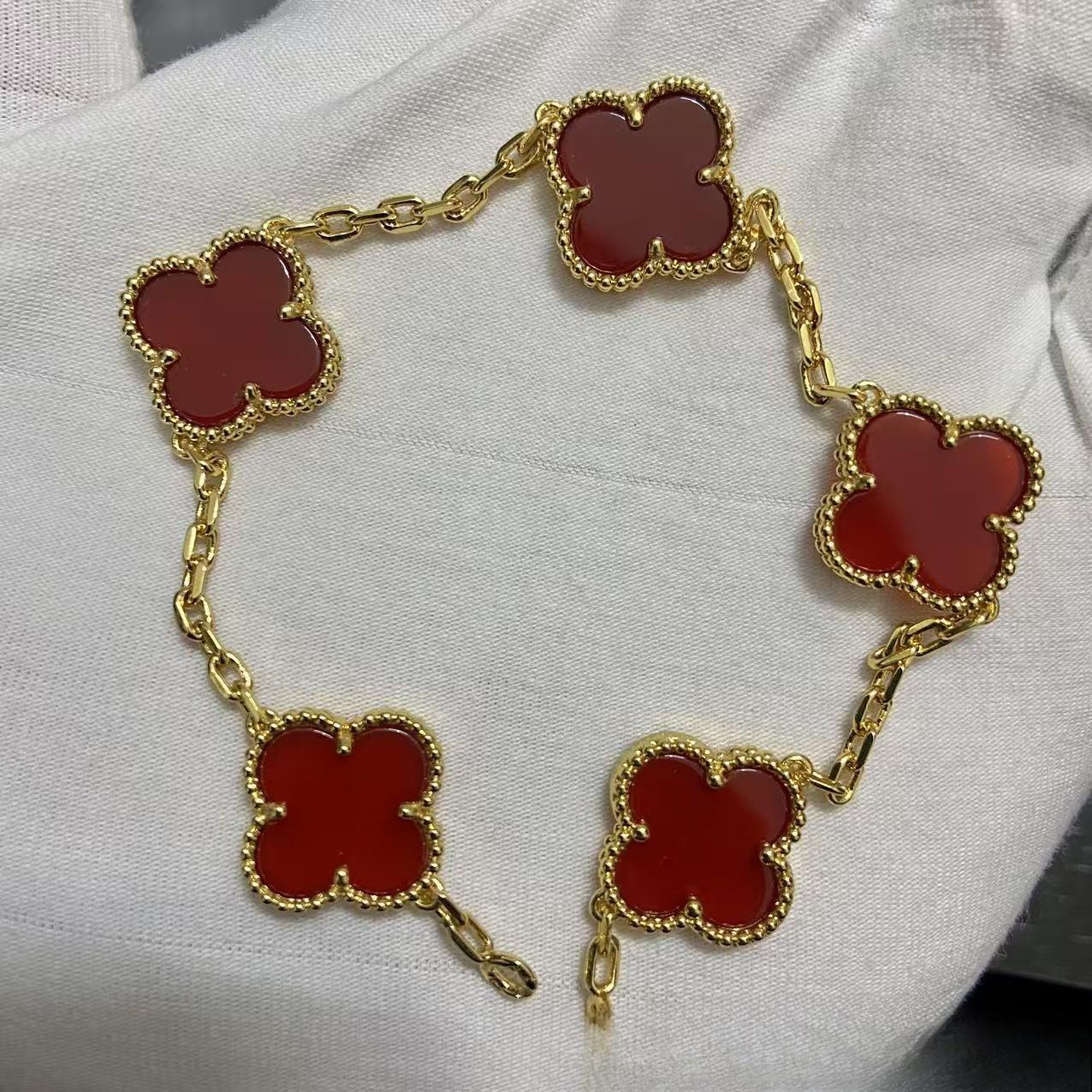 

Новая версия Браслет «Четырехлистный клевер», «Пятицветный», Натуральный красный агат, Браслет из белого перламутра, Женский лазерный браслет V Gold