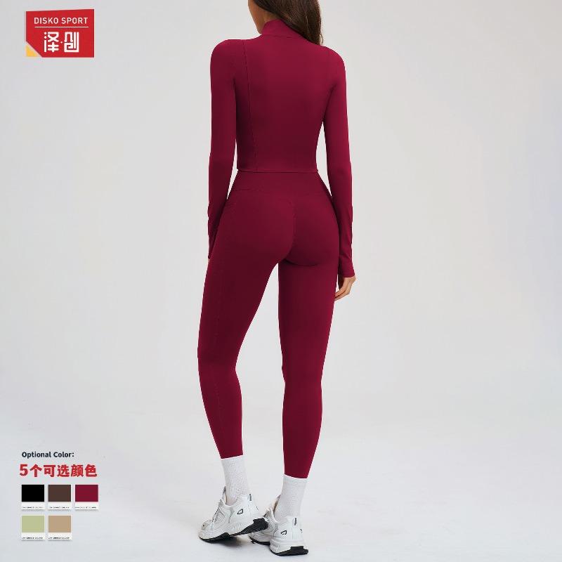 Nude yoga set, zipper tight fitness suit, outdoor running sports set for women