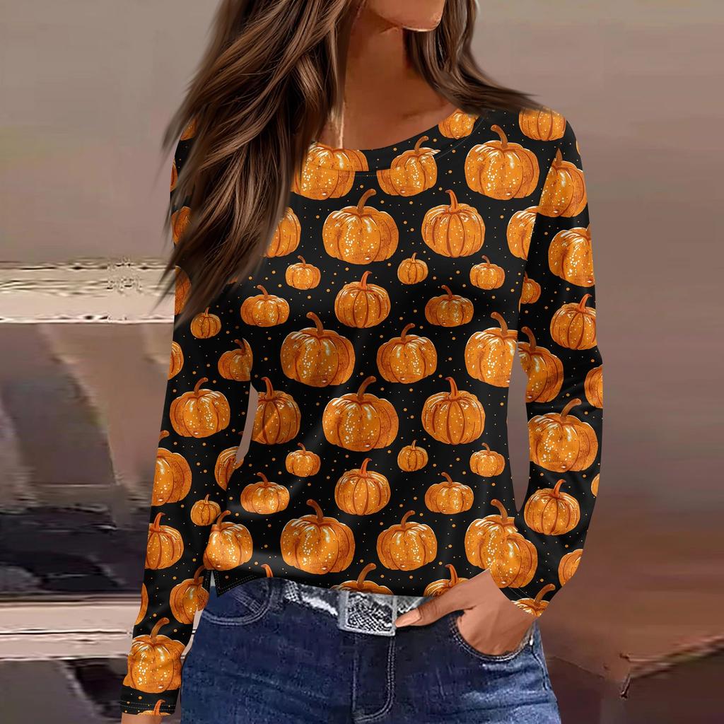 Women's Fashion Hem Slit Casual Halloween Printed Round Neck Long Sleeve Top