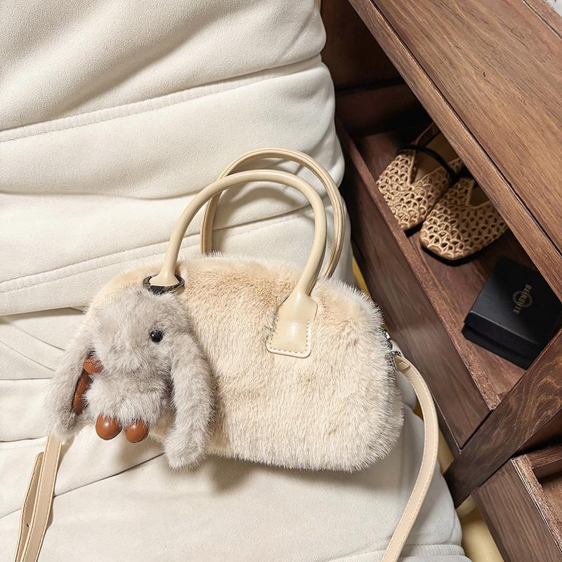 Solid Color Faux Fur Women's Small Shoulder Bag Simple Handle Crossbody Bag Casual Female Clutch Purse with Cute Rabbit Pendant