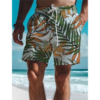 Leaf Tropical Men's Board Shorts Hawaiian Short 3D Printed Swim Trunks Elastic Drawstring Breathable Stretch Short Aloha Style