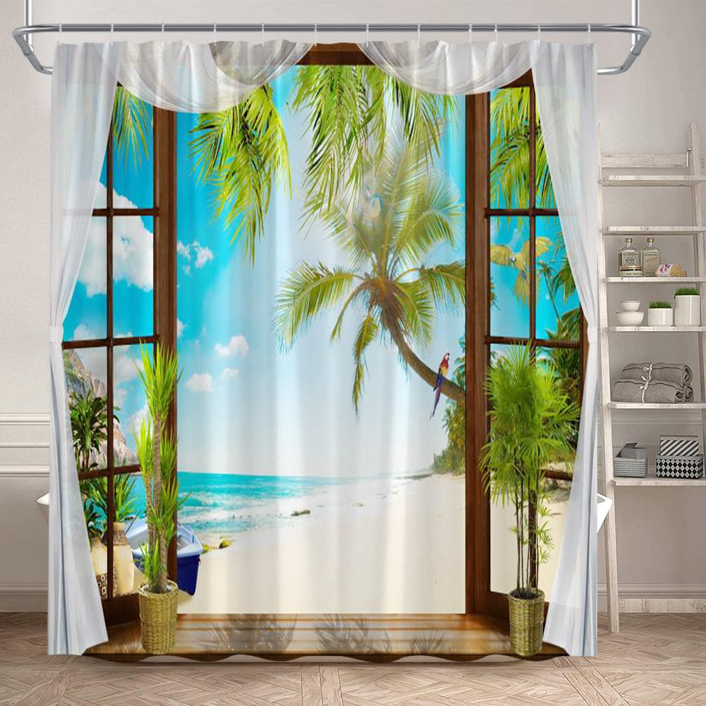 Tende da Doccia con Vista sull'Oceano Spiaggia dell'Isola Alberi di Cocco Hawaii Paesaggio Naturale Tessuto da Appendere alla Parete di Casa Decorazione per Tende da Bagno