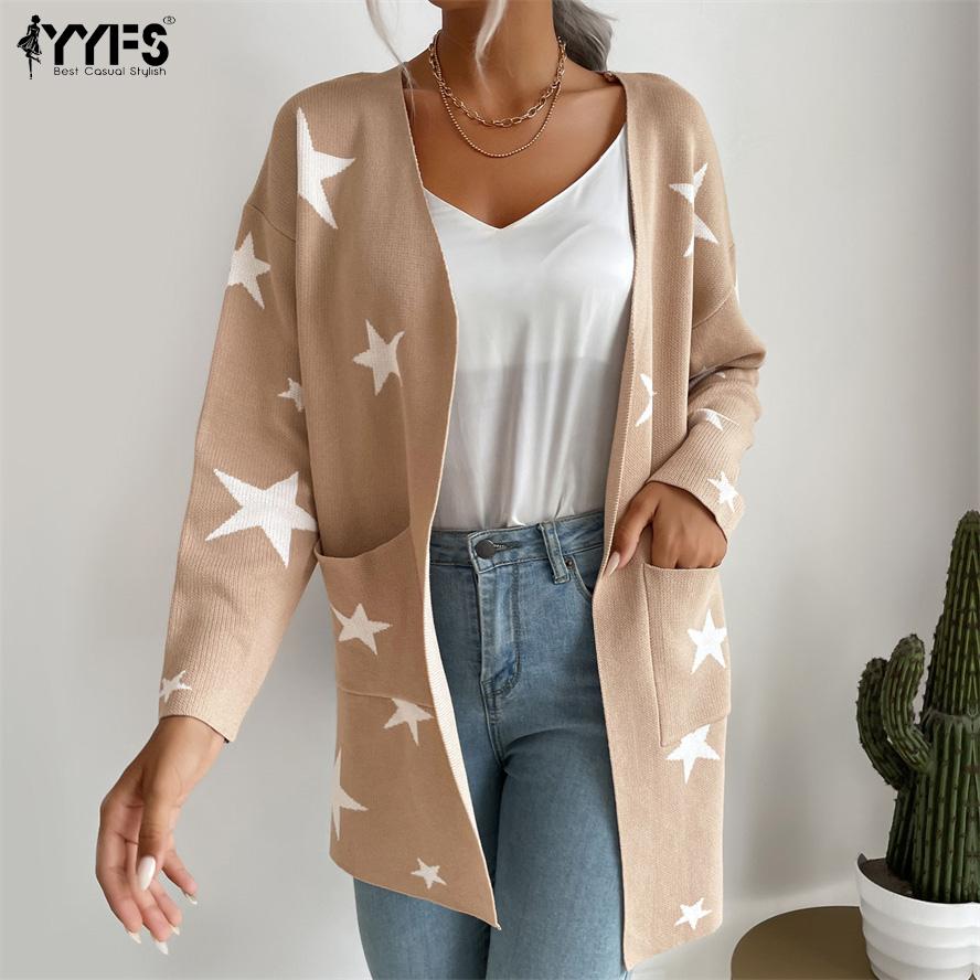 

YYFS женские модные повседневные кардиганы с принтом пентаграммы осень-зима с длинными рукавами