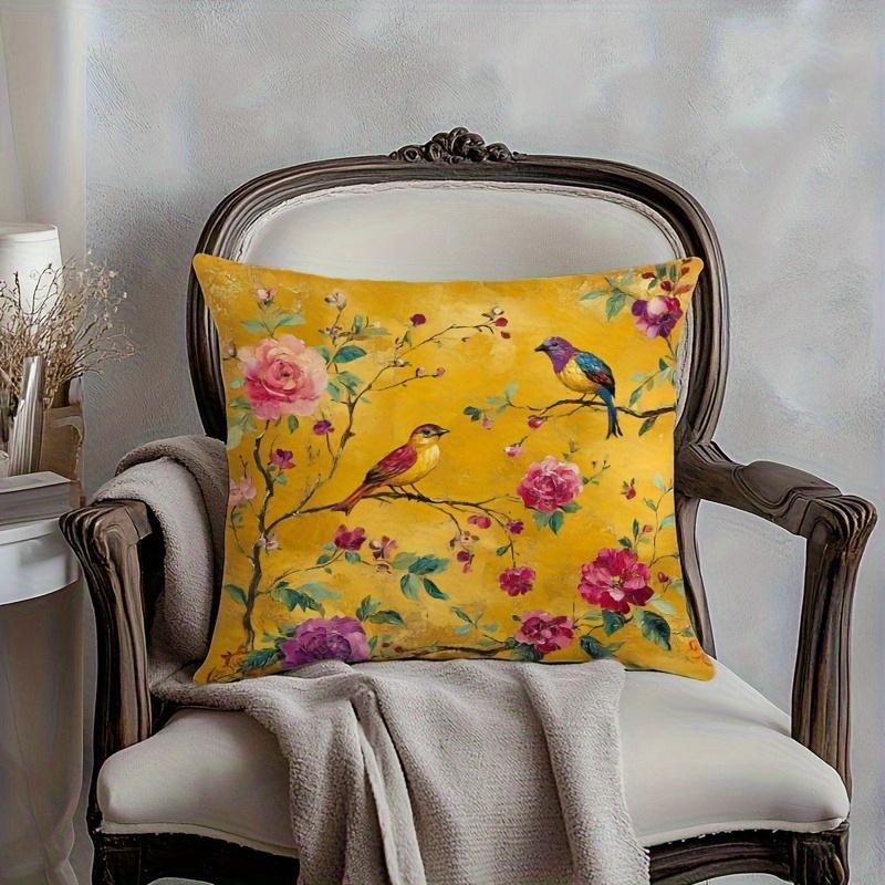 Folk Art Bird Floral Cushion Cover 2D Flat Printed Peach Skin Decorative Pillowcase For Living Room Sofa Home Decor 45X45Cm