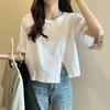 T-shirt da donna estiva con design a maniche corte, tinta unita, con orlo diviso squisito, top corto