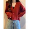 V-neck Fashion Women One Button Cardigan Short Sweater Autumn /Winter Long Sleeve Knitted Jackets Solid Color Elegant Loose Office Basic Casual Coats