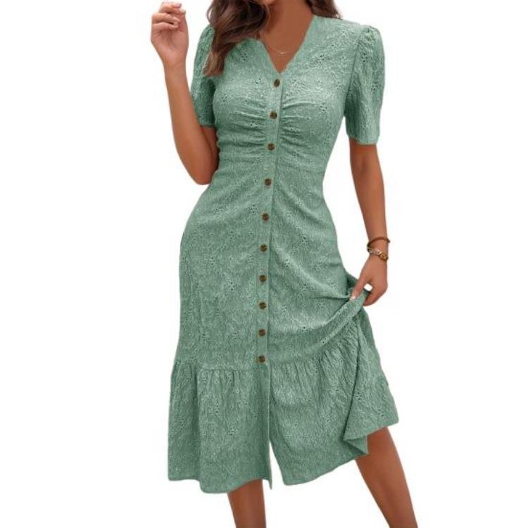 Summer Casual V Neck Short Sleeve Maxi Dress Women Beach Sundress Ruched Button Down Long A Line Swing Dress