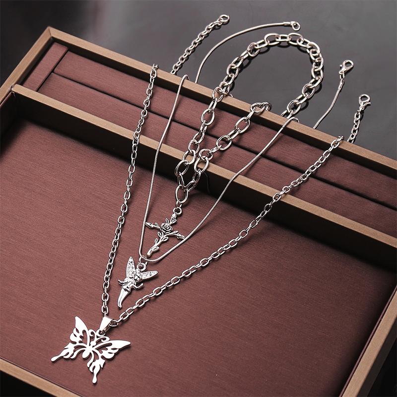 Punk Multi-Layered Chain Necklace Women Silver Butterfly Cross Angel Pendants Hip Hop Grunge Street Jewelry
